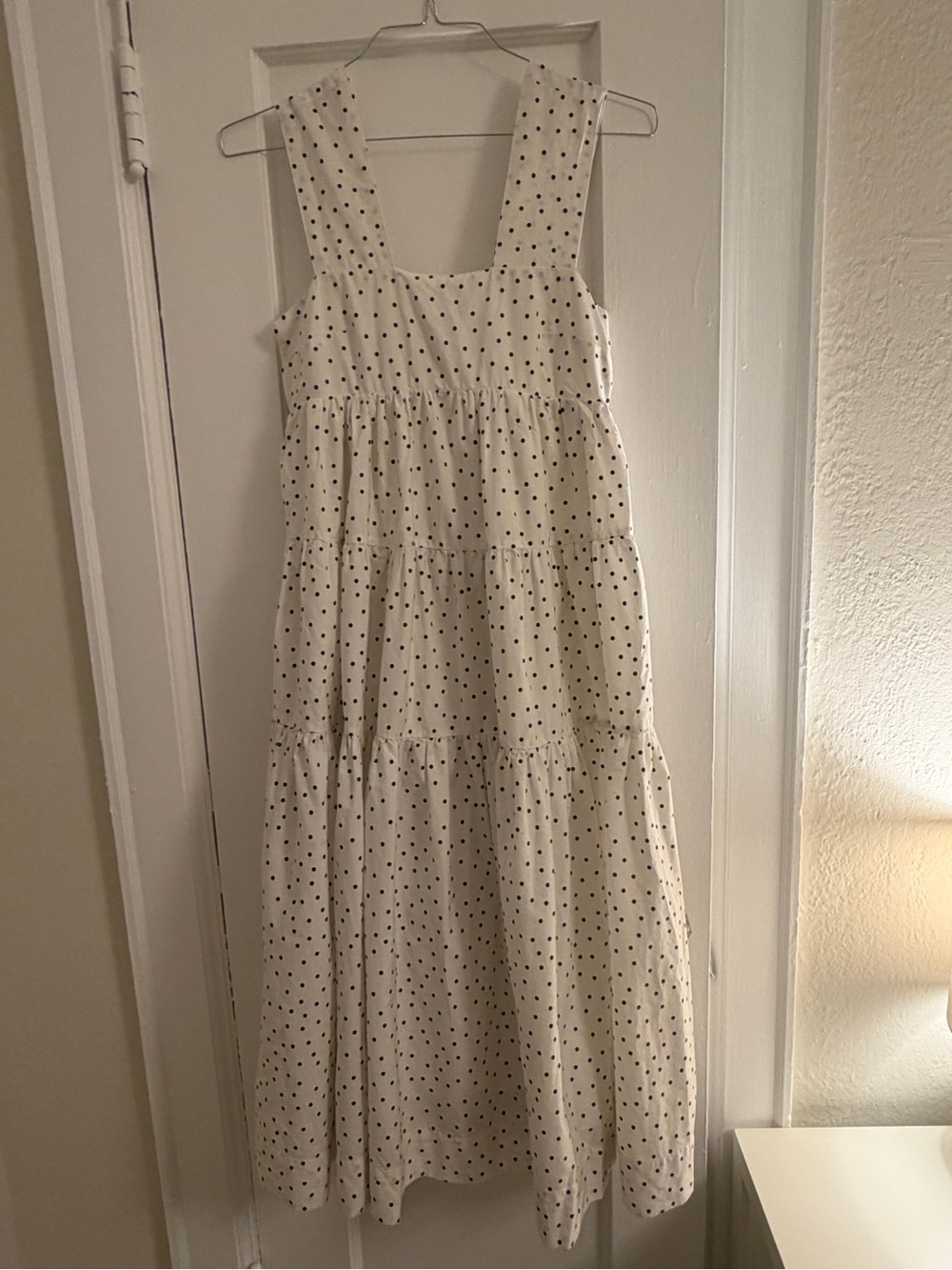 Anthropologie White Midi Dress with Black Polka Dots